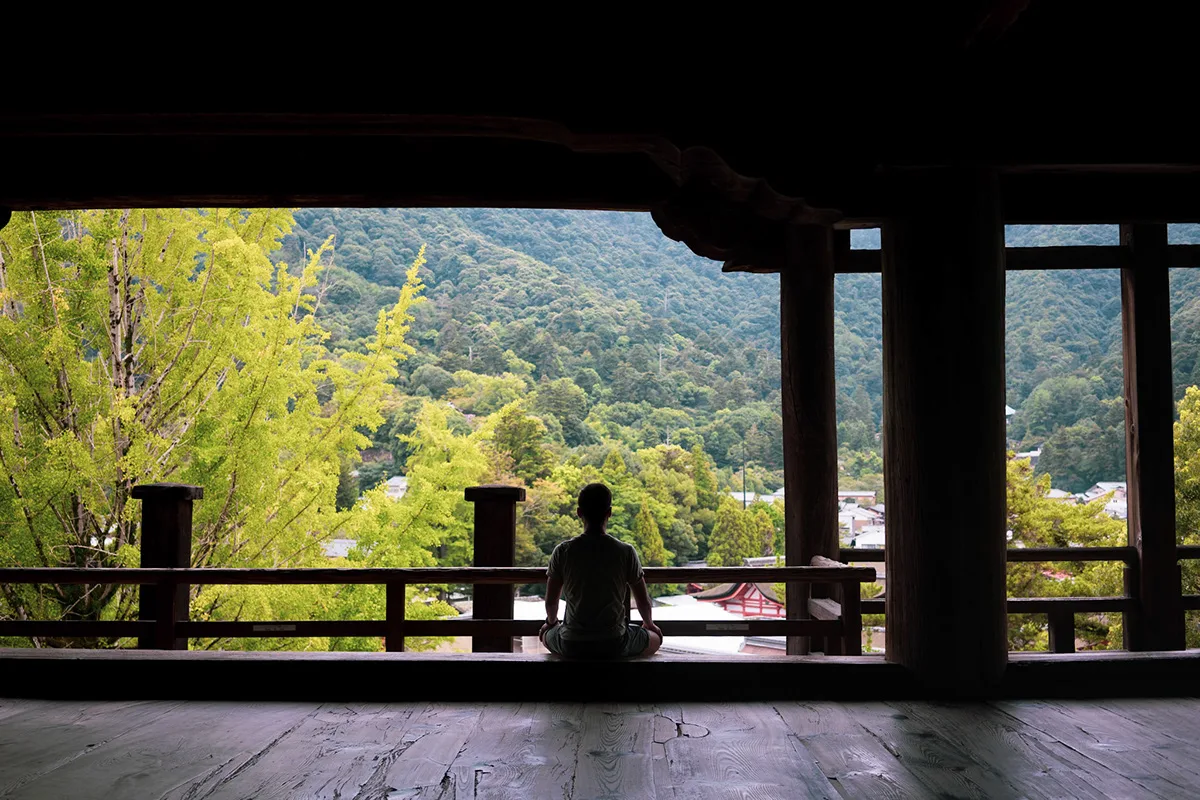 View out of a dark wooden pavilion to green hills